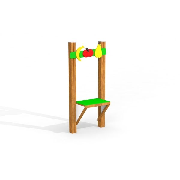 Lekeapparat Fruktkiosk med trestolper og fargerike fruktdekorasjoner.