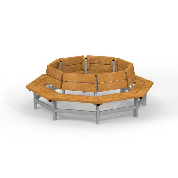 Sirkelbenk - rund benk med ryggstøtter i tre og metall.