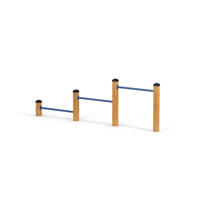 Agility Jump Bars Set med tre stolper i ulik høyde og blå hoppestenger i tre.