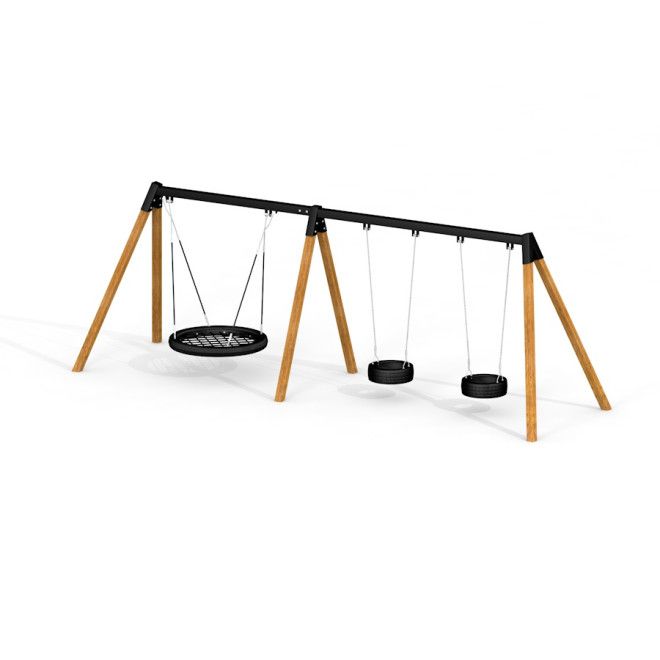 Triple Swing 2+1 lekeapparat med tre husker i tre og metallramme