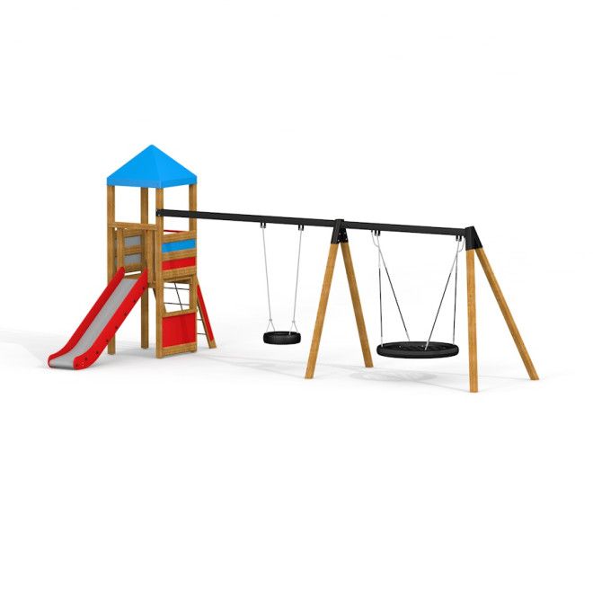 Bird Nest Swing with Tower (BNS 120 cm) med sklie, klatrestige og to husker, inkludert fugleredehusk