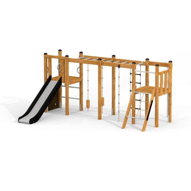 Zebra Modern Nature lekeapparat i tre med sklie, klatrestativ og tau for barn.