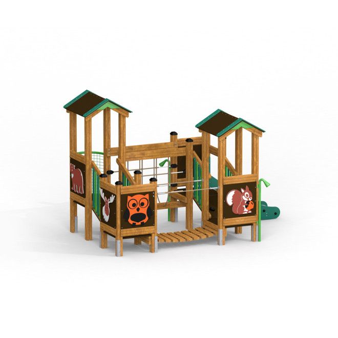 Forest Treehouse lekeplassutstyr i tre med dyremotiver og sklie.