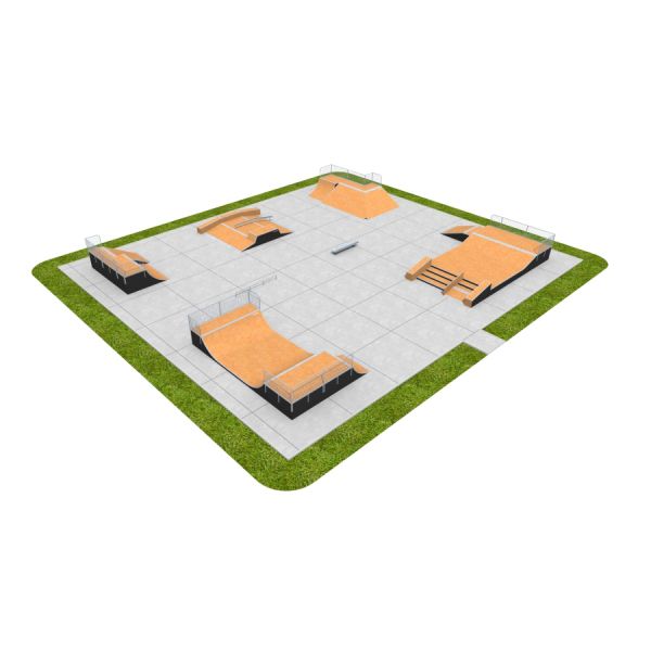 Moderne Skate Park 16 med ulike ramper og hinder for skateboarding.