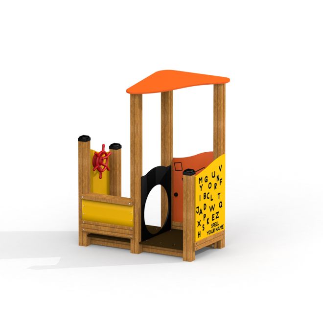 The Little Captain Playhouse lekehus for barn, trestruktur med rødt ror og gule paneler.