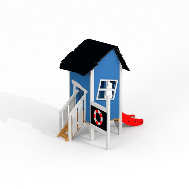 Lena's playhouse with a slide i blått og hvitt med nedovergående rutsjebane på lekeplassen.