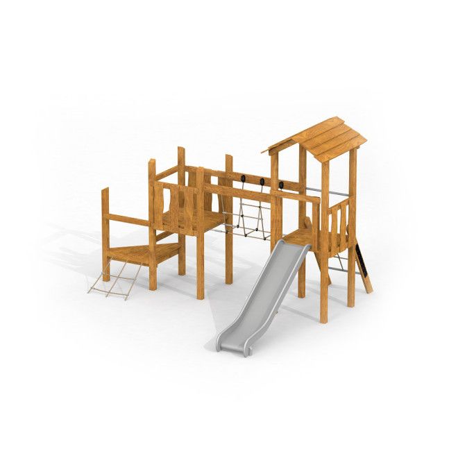 Triangle Uvala wooden playhouse with slide i naturlig tre med klatrestativ og nett
