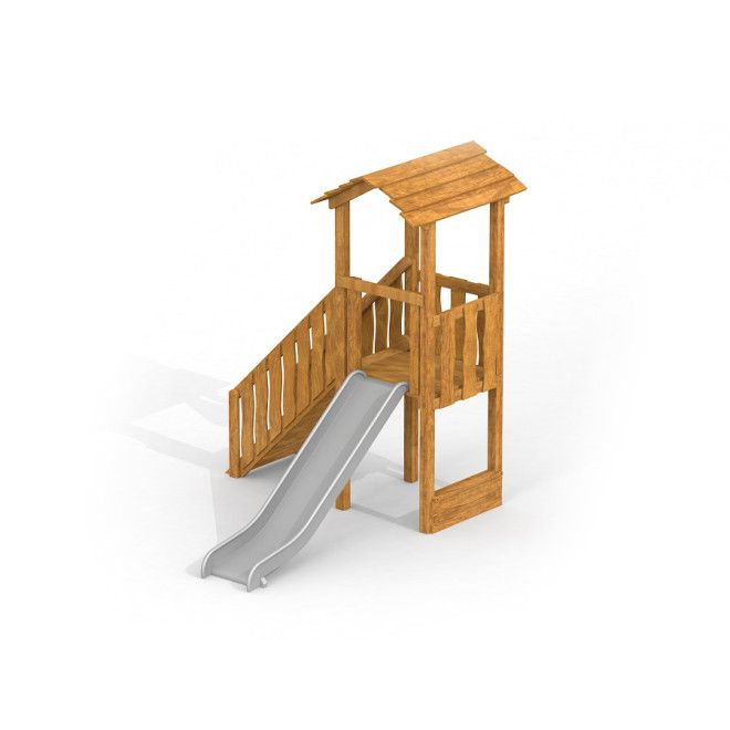 Logo Uvala playhouse with slide i tre med grå sklie på lekeplass