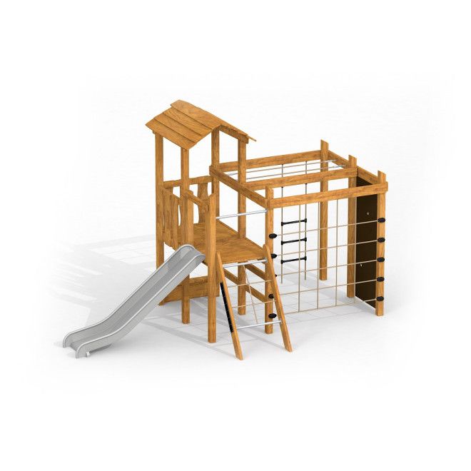 Climbing Kiosk Uvala wooden lekehus med sklie og klatrestativ for barn.
