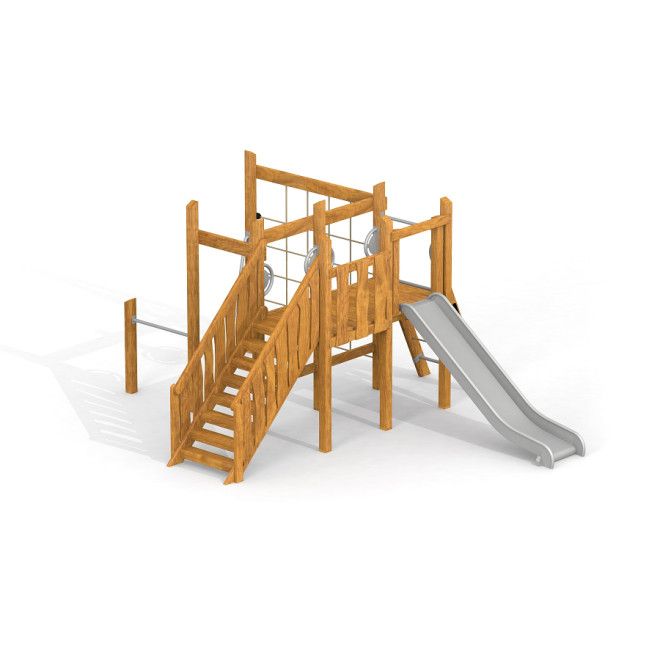 Kiosk Uvala lekestativ i tre med sklie og klatrestige for barnelekeplass.