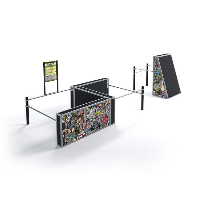Medium parkour set I med graffitivegg og treningsstativ for utendørs lekeplass.