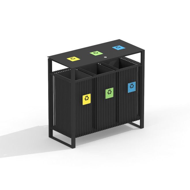 Svart kildesortering avfallsbeholder med tre separate rom og resirkuleringssymboler i gult, grønt og