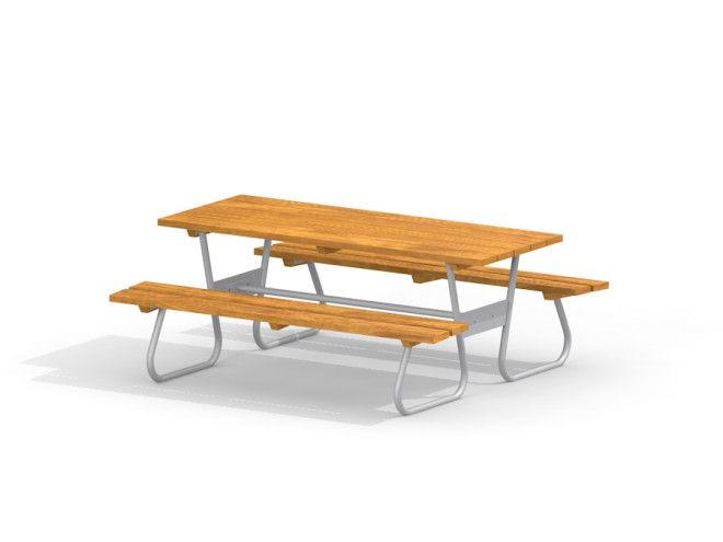 Tre/metall benkbord med trebordplate og to benker i metallramme for utendørs bruk.